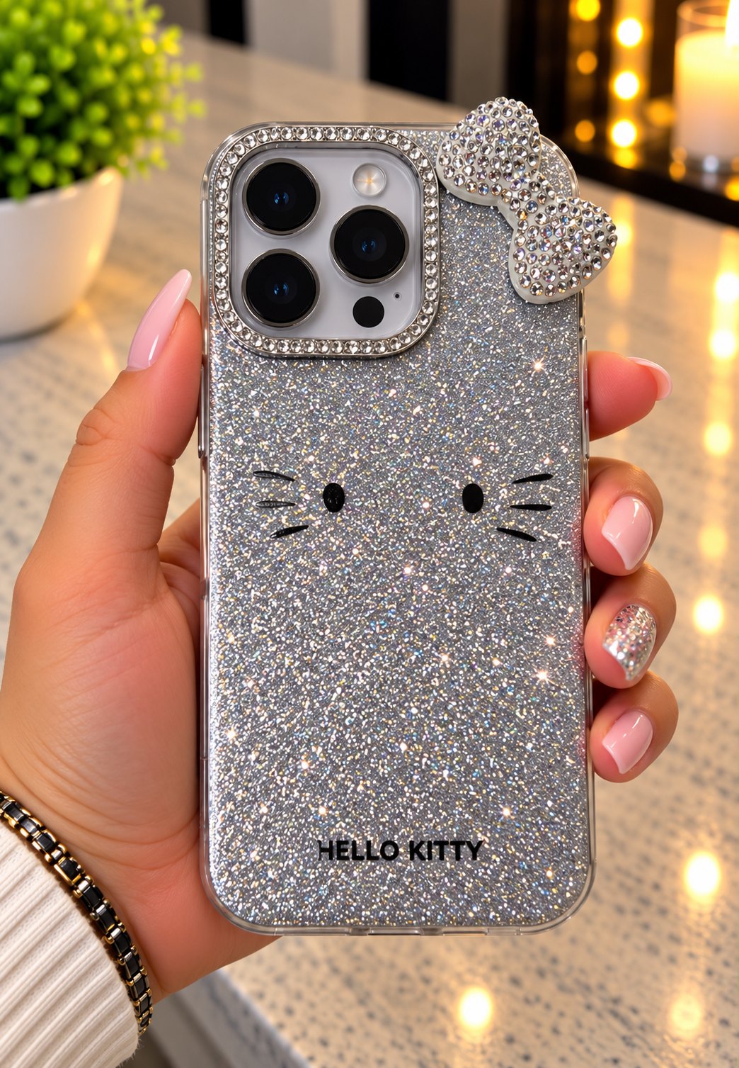 Funda Hello Kitty Moño gris para iPhone 15 Pro Max